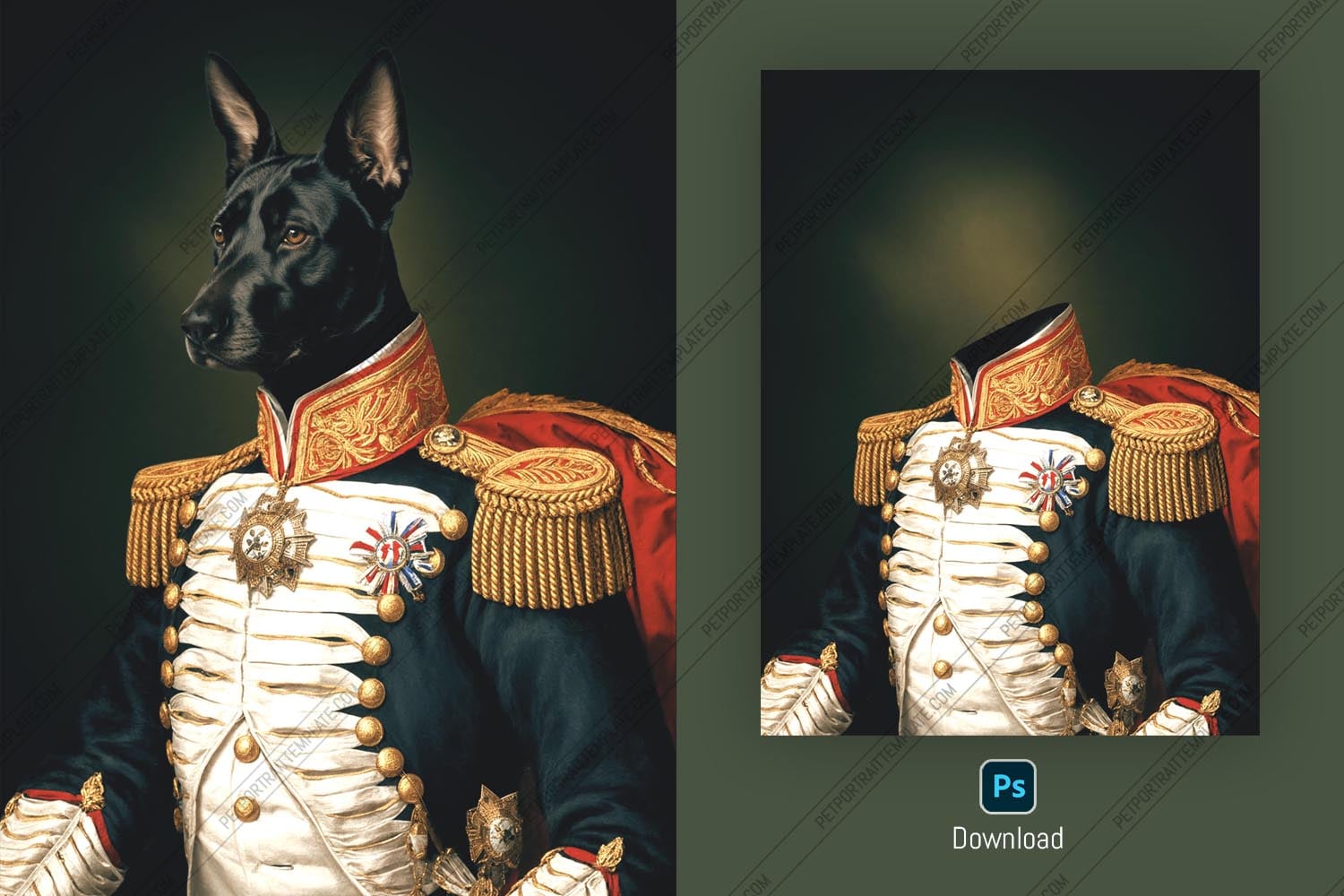 Royal Pet Portrait PSD Template - Customizable Dog & Cat Digital Artwork